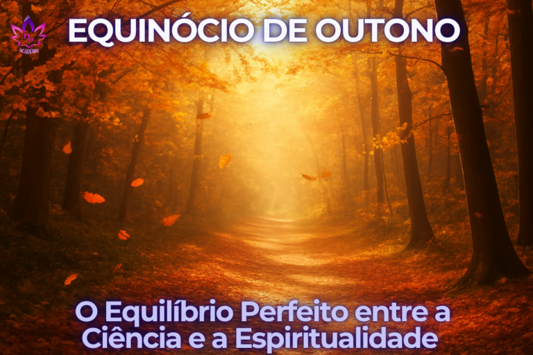 Caminho dourado iluminado pela luz do sol em uma floresta de outono, simbolizando a jornada de renovação espiritual e o equinócio de outono.
