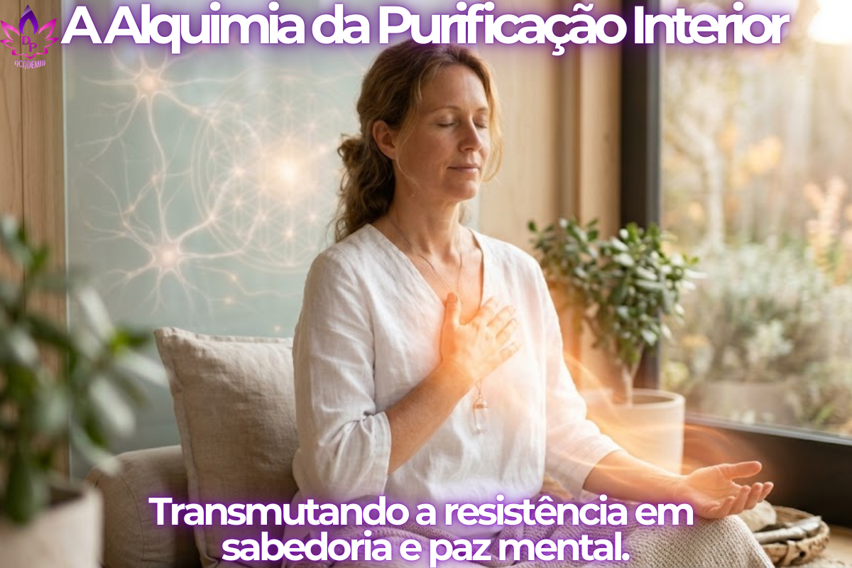Mulher em meditação profunda realizando o processo de purificação mental e espiritual com luz laranja vibrante.