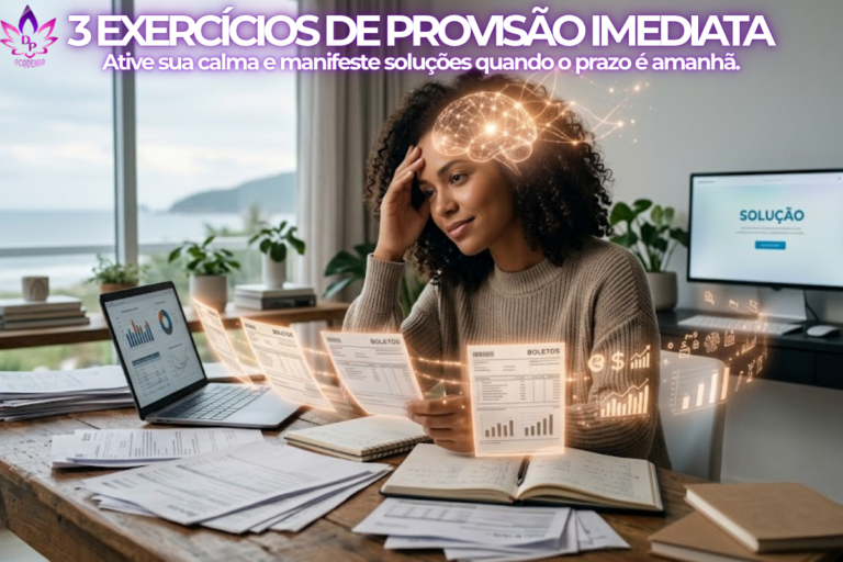 Mulher com clareza mental ativando a provisão imediata através de exercícios de neurociência, com luz laranja no lobo frontal.