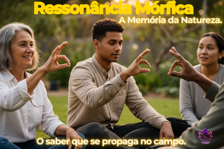 Grupo de pessoas em um parque praticando conexão e Ressonância Mórfica no Dicionário do Despertar 2026.