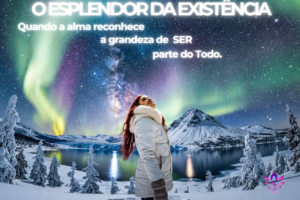 Pessoa em estado de êxtase e gratidão profunda sob uma aurora boreal monumental e colorida, representando o maravilhamento com o universo e a expansão da consciência.
