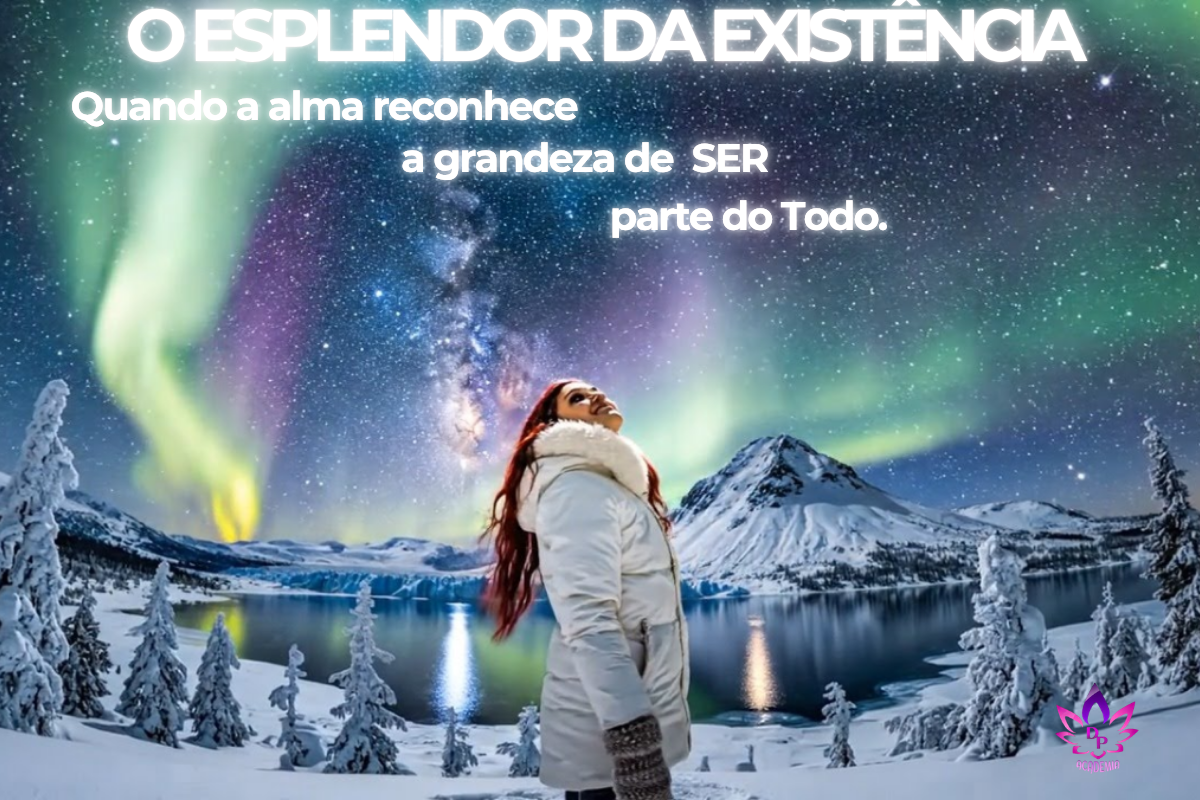 Pessoa em estado de êxtase e gratidão profunda sob uma aurora boreal monumental e colorida, representando o maravilhamento com o universo e a expansão da consciência.