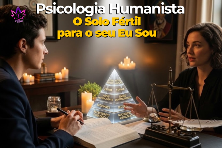 Mentora em laboratório DP analisando a Pirâmide de Maslow e a Psicologia Humanista com elementos místicos e científicos.