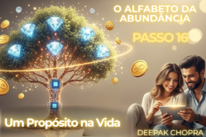 Casal sorrindo e estudando como descobrir meu propósito de vida no Passo 16 do Alfabeto da Abundância, ao lado de uma árvore iluminada com diamantes, moedas e conexões neurais.