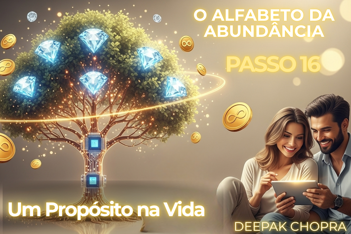 Casal sorrindo e estudando como descobrir meu propósito de vida no Passo 16 do Alfabeto da Abundância, ao lado de uma árvore iluminada com diamantes, moedas e conexões neurais.