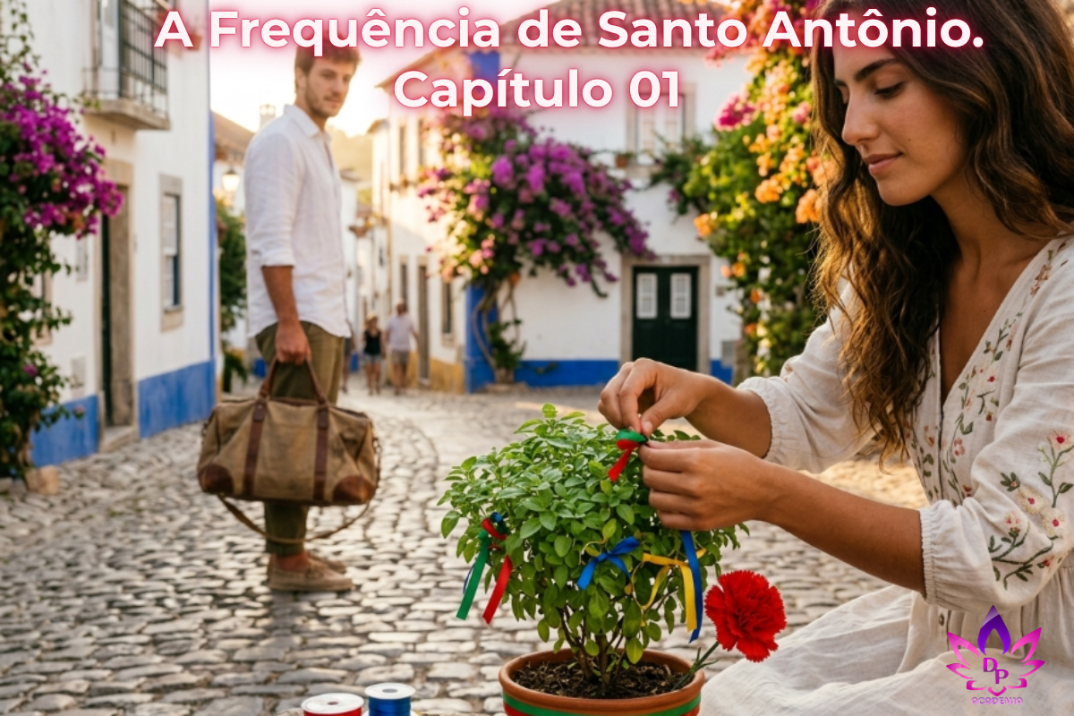 Fotografia realista de Sofia ajoelhada amarrando fitas coloridas da intenção em um vaso com a energia do manjericão, enquanto o viajante Miguel a observa nas ruas de Encanto Verde.