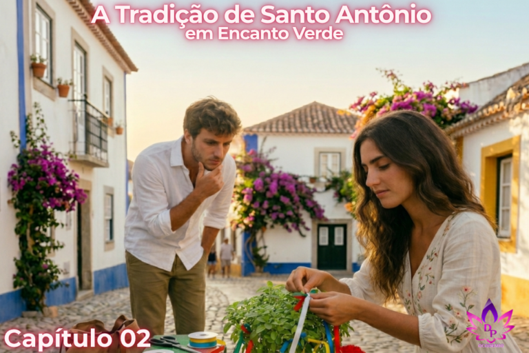 Sofia ensinando a tradição de Santo Antônio e o significado das fitas do manjericão para Miguel em Encanto Verde.