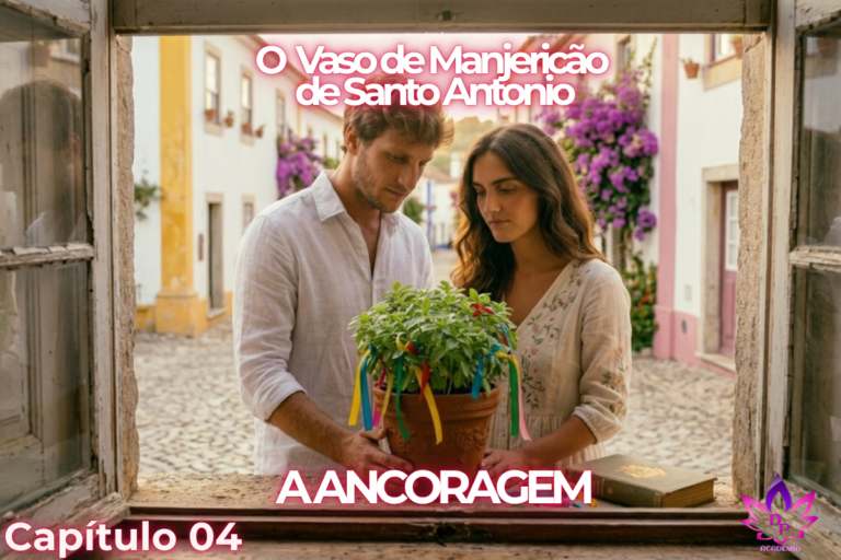 Sofia e Miguel observam com devoção o vaso de manjericão de Santo Antônio, decorado com fitas coloridas e posicionado na janela rústica em Encanto Verde."
