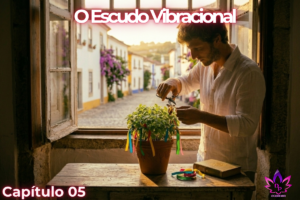 Miguel cuidando do manjericão como amuleto de proteção em sua casa rústica, iluminada pelo pôr do sol em Encanto Verde.