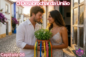 Miguel e Sofia conectados em profundo afeto enquanto admiram as flores brancas do manjericão para atrair amor na janela colonial de Encanto Verde."