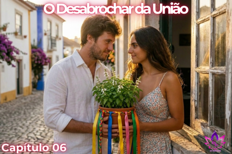 Miguel e Sofia conectados em profundo afeto enquanto admiram as flores brancas do manjericão para atrair amor na janela colonial de Encanto Verde."