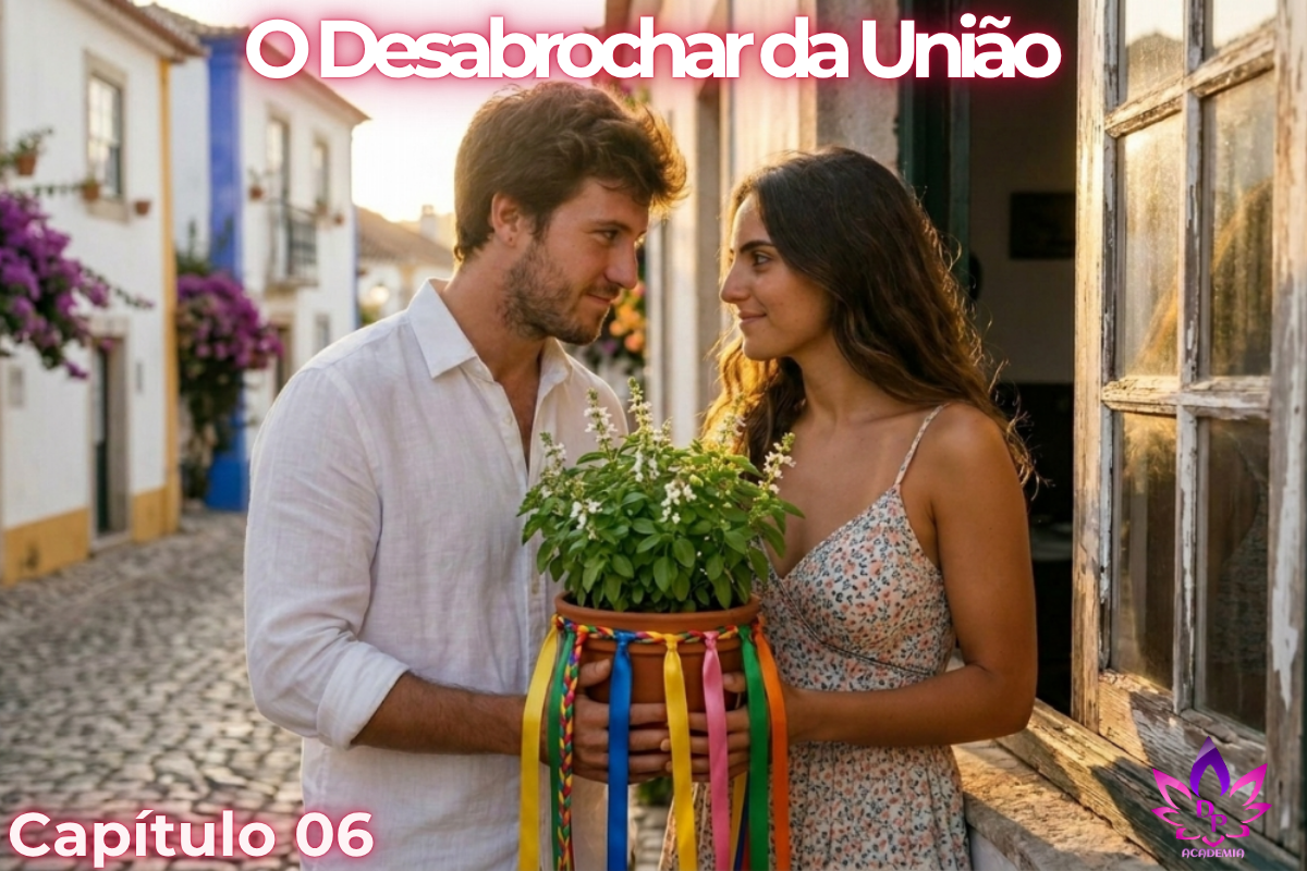 Miguel e Sofia conectados em profundo afeto enquanto admiram as flores brancas do manjericão para atrair amor na janela colonial de Encanto Verde."
