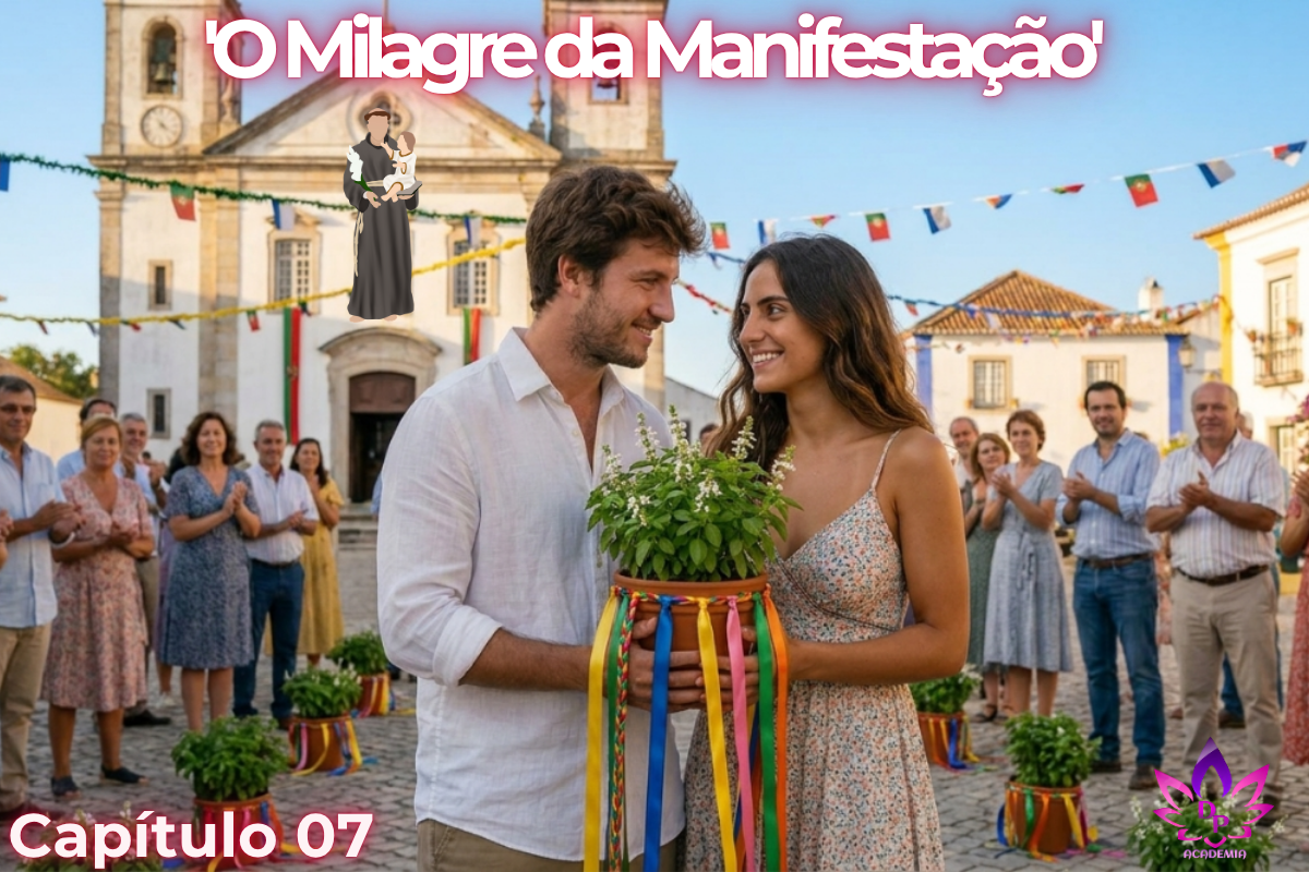 Miguel e Sofia sorrindo na praça central de Encanto Verde, segurando o vaso florido com fitas coloridas e celebrando o milagre na tradição de Santo Antônio.