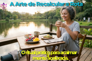 Mulher sorrindo e tomando café da manhã relaxante à beira de um lago, demonstrando na prática como acalmar a mente acelerada.