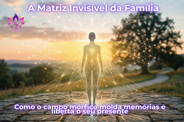 Representação do campo mórfico na constelação familiar conectando memórias invisíveis e libertação consciente