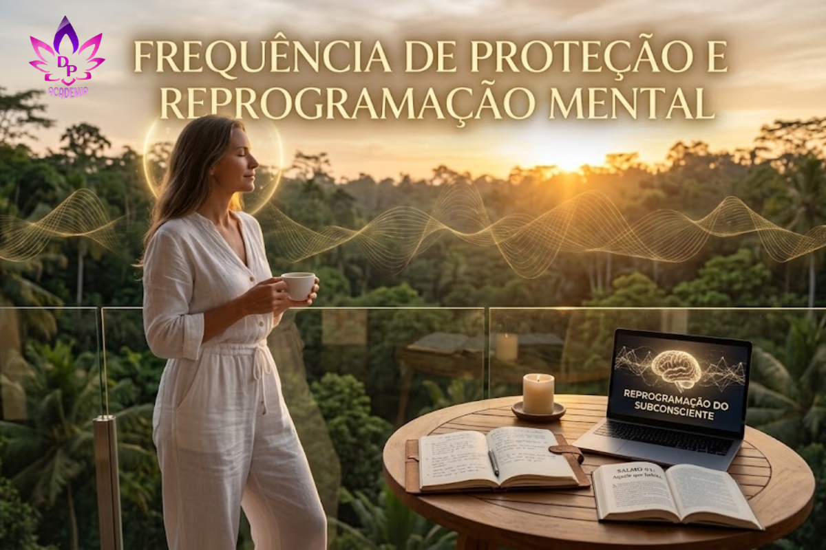 Mulher serena em varanda com vista para floresta tropical ao pôr do sol, usando um notebook com gráfico neural e um livro aberto do Salmo 91, exemplificando como vencer o medo com o Salmo 91 para reprogramar a mente e alcançar domínio mental contra o medo.