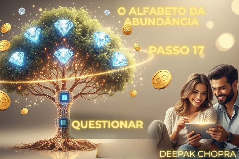 Casal sorrindo e estudando como reprogramar crenças limitantes no Passo 17 do Alfabeto da Abundância, ao lado de uma árvore iluminada com diamantes, moedas com símbolo do infinito e chips neurais no tronco.