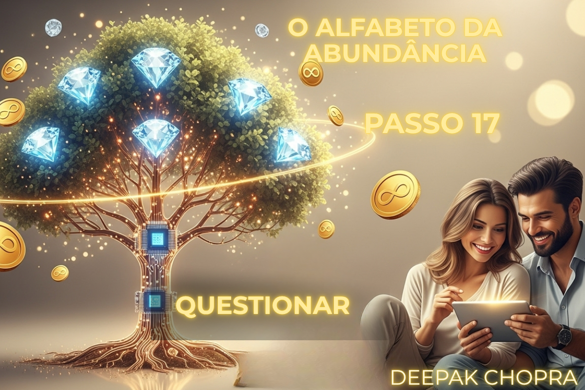Casal sorrindo e estudando como reprogramar crenças limitantes no Passo 17 do Alfabeto da Abundância, ao lado de uma árvore iluminada com diamantes, moedas com símbolo do infinito e chips neurais no tronco.
