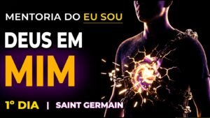 Mantra Eu Sou: Homem com correntes se quebrando no peito em pura energia luminosa, representando a ativação do Primeiro Dia de Saint Germain.