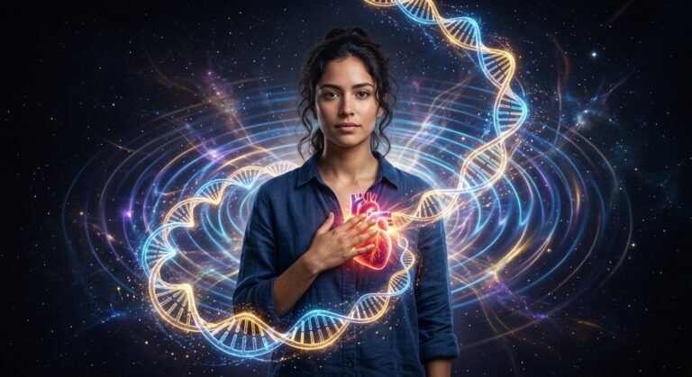 Ilustração de um coração emitindo ondas de luz conectadas a uma fita de DNA. Descubra a relação entre epigenética e saúde mental para reescrever o seu destino biológico.