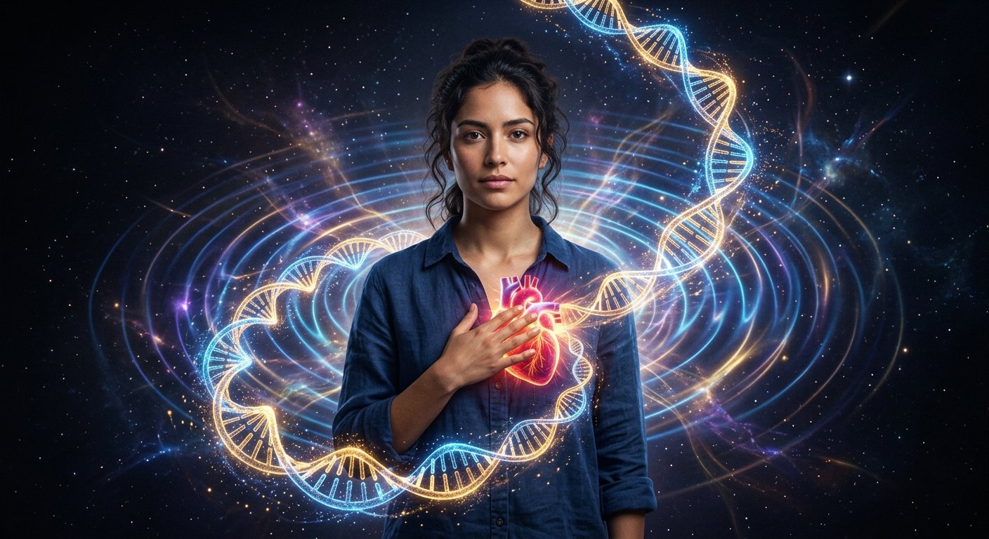 Ilustração de um coração emitindo ondas de luz conectadas a uma fita de DNA. Descubra a relação entre epigenética e saúde mental para reescrever o seu destino biológico.