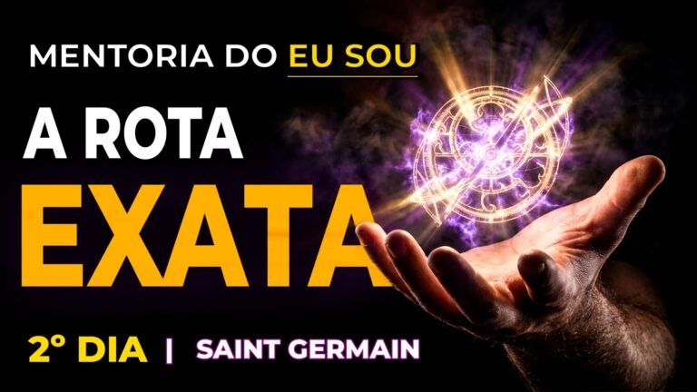 Mão emanando energia com uma bússola de luz violeta e os textos Mentoria do Eu Sou, A Rota Exata e 2º Dia Saint Germain, representando a ativação do Mantra Eu Sou o Caminho.