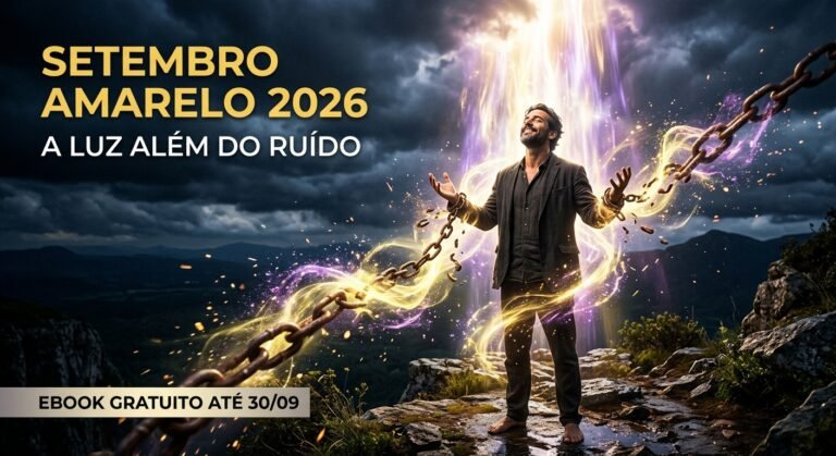 Setembro Amarelo 2026: Homem libertando-se de correntes luminosas, representando a cura de pensamentos intrusivos e a união entre saúde mental e espiritualidade. Textos na imagem: A Luz Além do Ruído, Ebook Gratuito até 30/09.