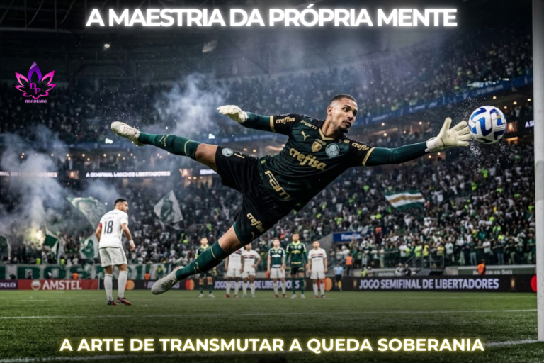 Guarda-redes do Palmeiras a realizar uma defesa decisiva num estádio lotado, representando a aplicação prática do treinamento mental para o sucesso e o controlo emocional sob enorme pressão externa.