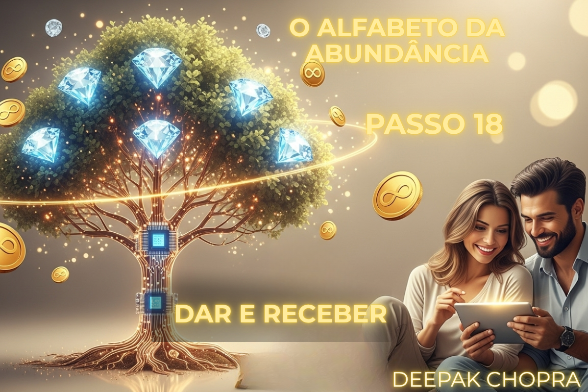 Ilustração sobre como praticar a lei do dar e receber no Passo 18 do Alfabeto da Abundância, retratando o fluxo de circulação da prosperidade e a harmonia entre doar e acolher com Deepak Chopra.