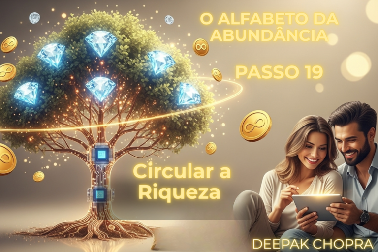lustração sobre como circular o dinheiro no Passo 19 do Alfabeto da Abundância, retratando o fluxo contínuo da riqueza e a superação do medo da escassez com Deepak Chopra.