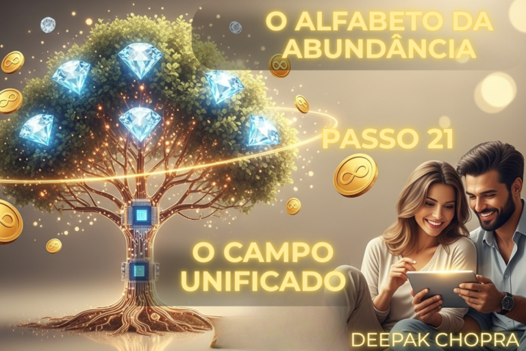 Ilustração conceitual de Zaira na praia, em profundo estado de contemplação diante do oceano, rompendo o ego. Uma representação visual para entender o que é o campo unificado e a conexão com o todo ensinada por Deepak Chopra.