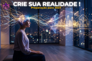Mulher visualizando a criação deliberada da realidade através de conexões neurais e quânticas, representando a ativação do foco.