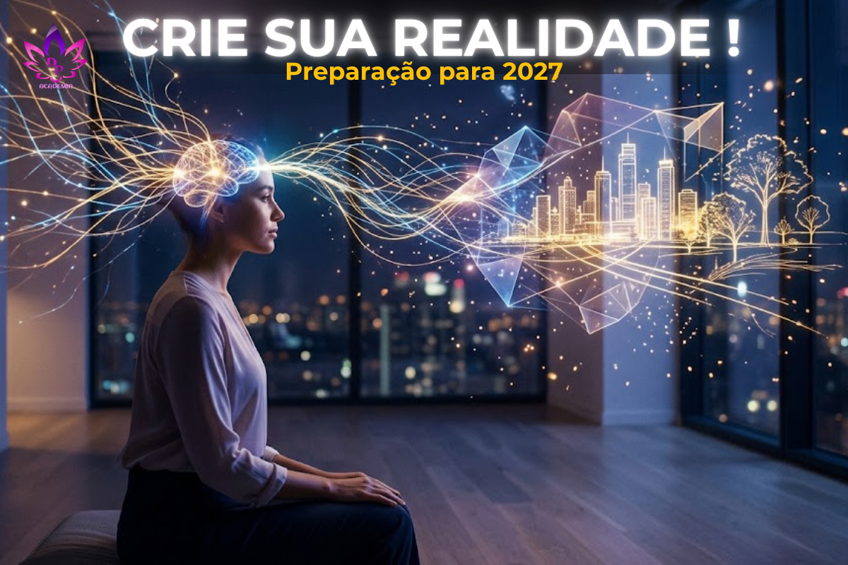Mulher visualizando a criação deliberada da realidade através de conexões neurais e quânticas, representando a ativação do foco.