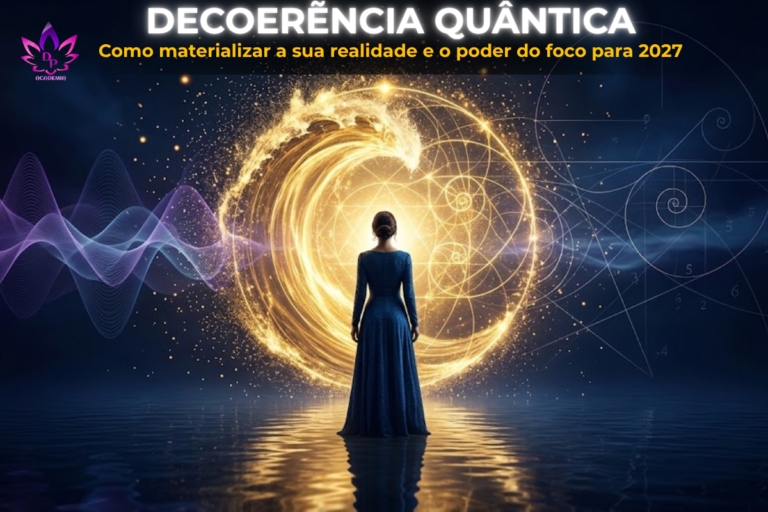 Mulher elegante a observar uma onda de luz dourada e energia quântica a quebrar, fundindo-se com códigos matemáticos e geometria num fundo noturno, representando a linguagem do corpo