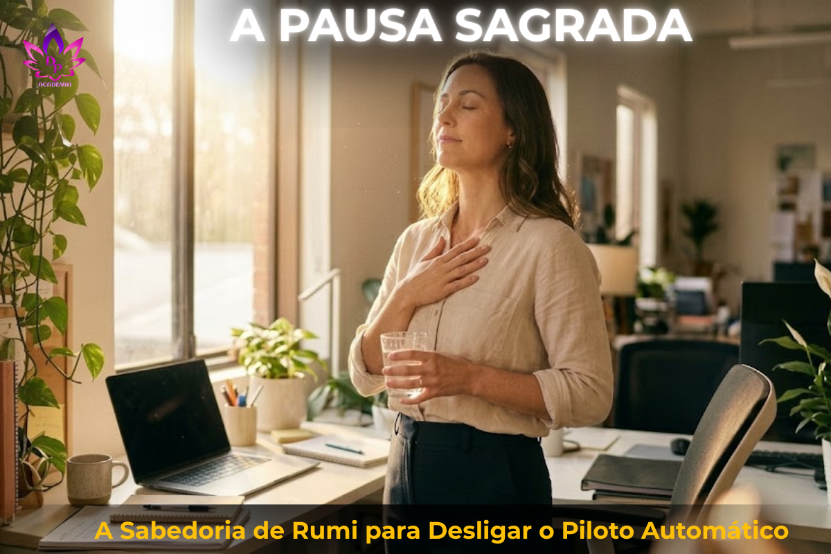 Mulher contemporânea no escritório, de olhos fechados e com a mão no peito, fazendo uma pausa sagrada para beber água. Uma ilustração prática para entender quem foi Rumi e como aplicar a sabedoria do Sufismo para desligar o piloto automático.