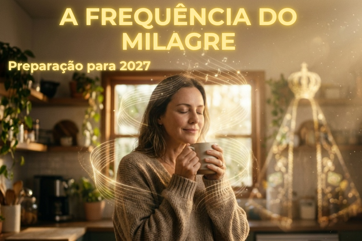 Mulher tomando café cercada por ondas de frequência sonora e notas musicais douradas, com a silhueta iluminada de Nossa Senhora Aparecida ao fundo.