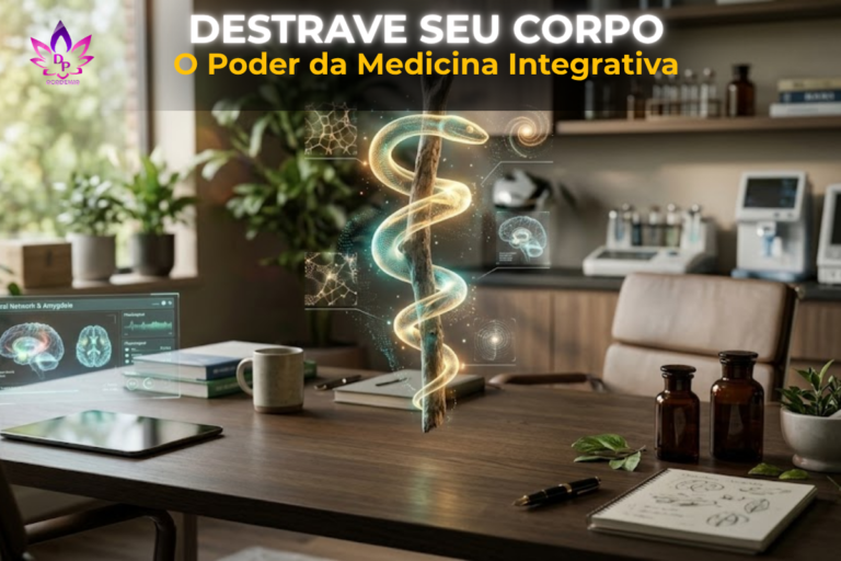 Holograma do símbolo da medicina integrativa brilhando sobre uma mesa, cercado por telas digitais de neurociência, representando o destrave da linguagem do corpo.