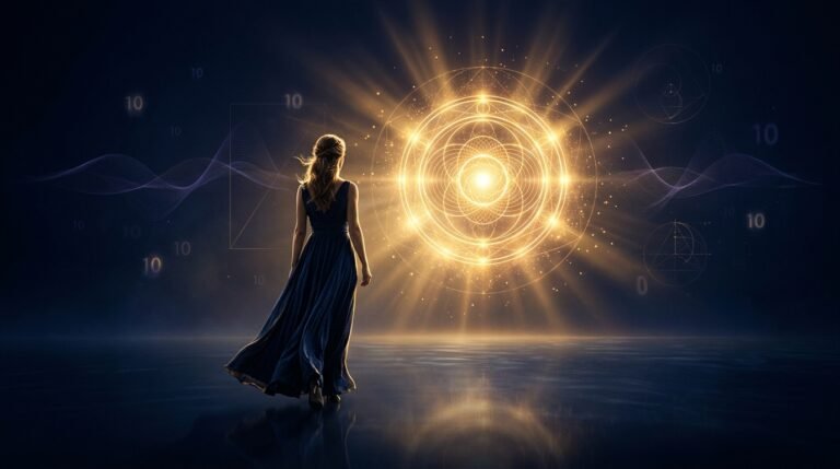 Mulher elegante caminhando em direção a um portal dourado de geometria sagrada, cercada por ondas de frequência sonora e códigos numéricos flutuando em um espaço escuro, representando o significado do portal 10/10/10.