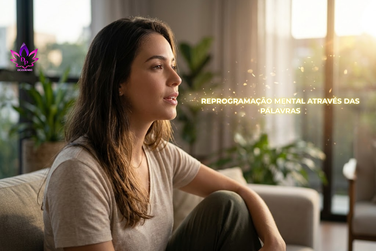 Mulher em um ambiente sereno verbalizando palavras que se transformam em partículas de luz dourada, simbolizando a reprogramação mental através das palavras e o poder de cocriar a realidade.