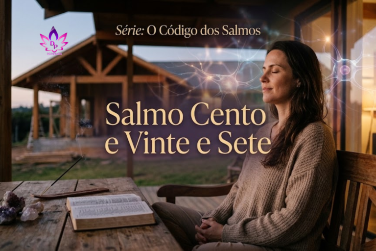 Mulher serena e com os olhos fechados sentada em uma varanda de madeira ao anoitecer, representando o alívio do peso mental e o fim da preocupação. Ao lado, sobre a mesa, há uma bíblia aberta, incenso e cristais, com uma casa em construção ao fundo e brilhos de conexões neurais sutis no ar. No topo, o texto "Série: O Código dos Salmos" e, ao centro, "Salmo Cento e Vinte e Sete", ilustrando o uso do Salmo 127 para ansiedade e o descanso biológico.